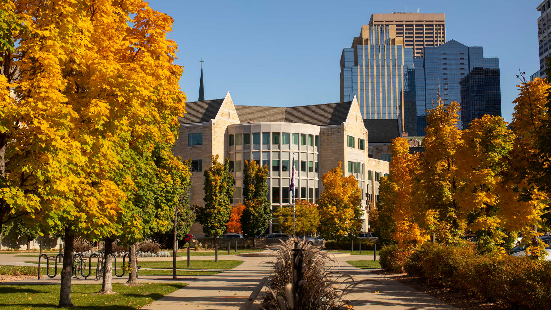 Minneapolis campus buildings on sunny autumn day