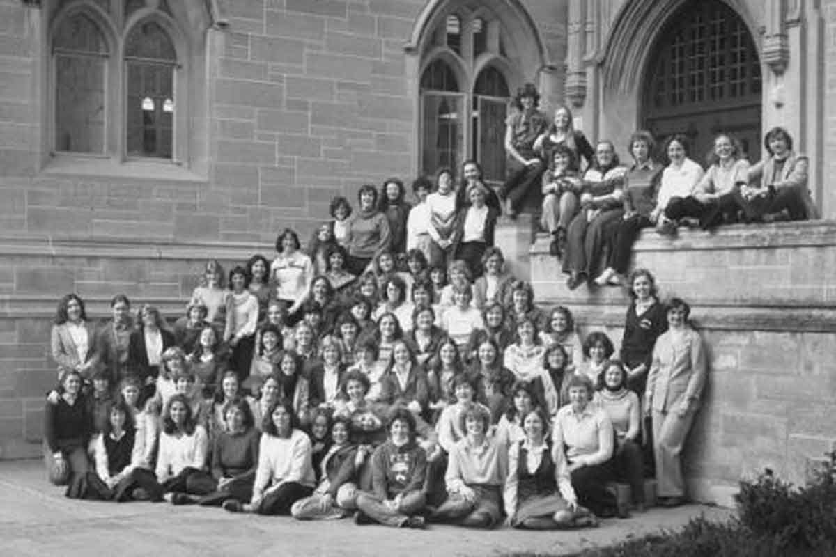 A historic photo with the first ever female graduates at St Thomas.