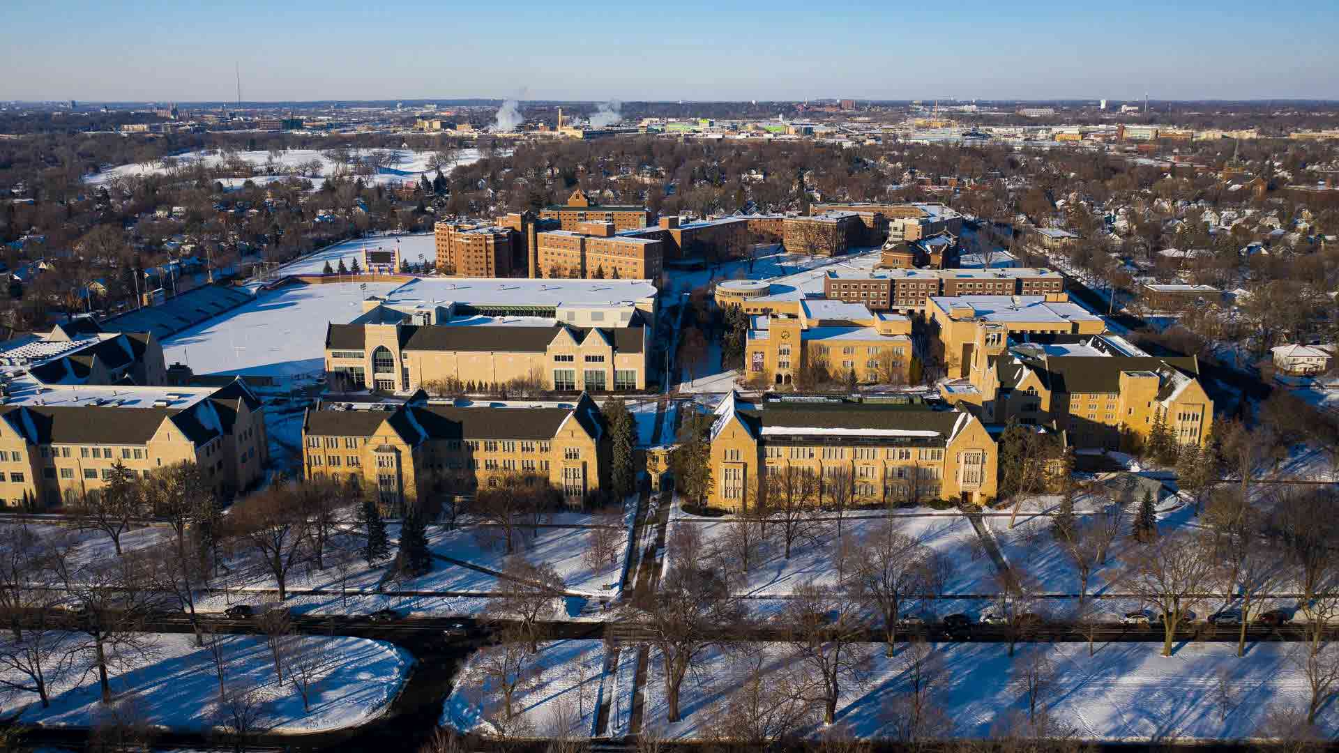aerial view of campus in St. Paul on a sunny day with fresh snow