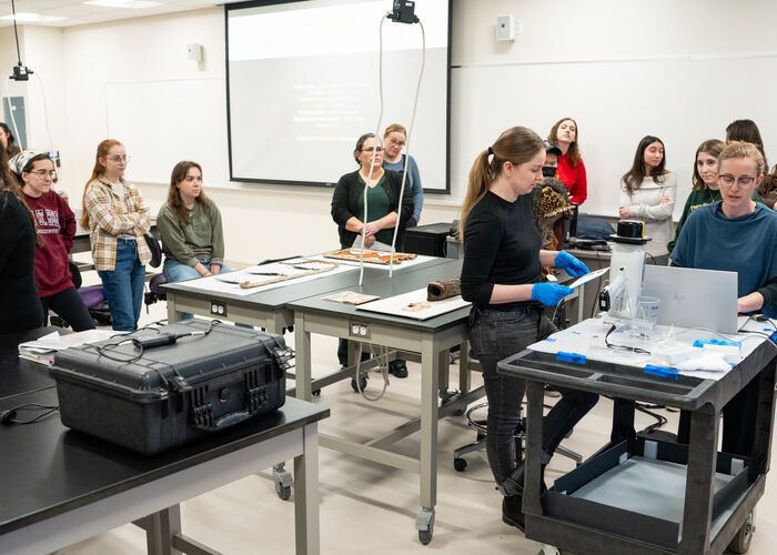 students learn from a professor during an art conservation workshop