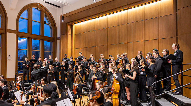 The orchestra performs in the new Schoenecker Center