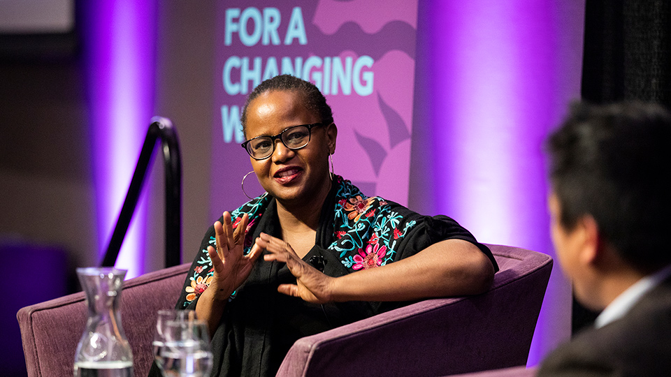 Guest author Edwidge Danticat talks about her work during a lecture event in the James B. Woulfe Alumni Hall in the Anderson Student Center.