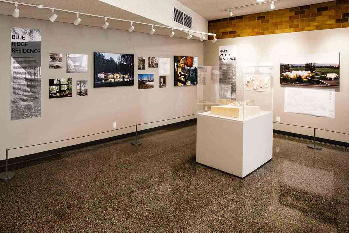 Items from an exhibit featuring the Voorsanger Architects Archive are shown.