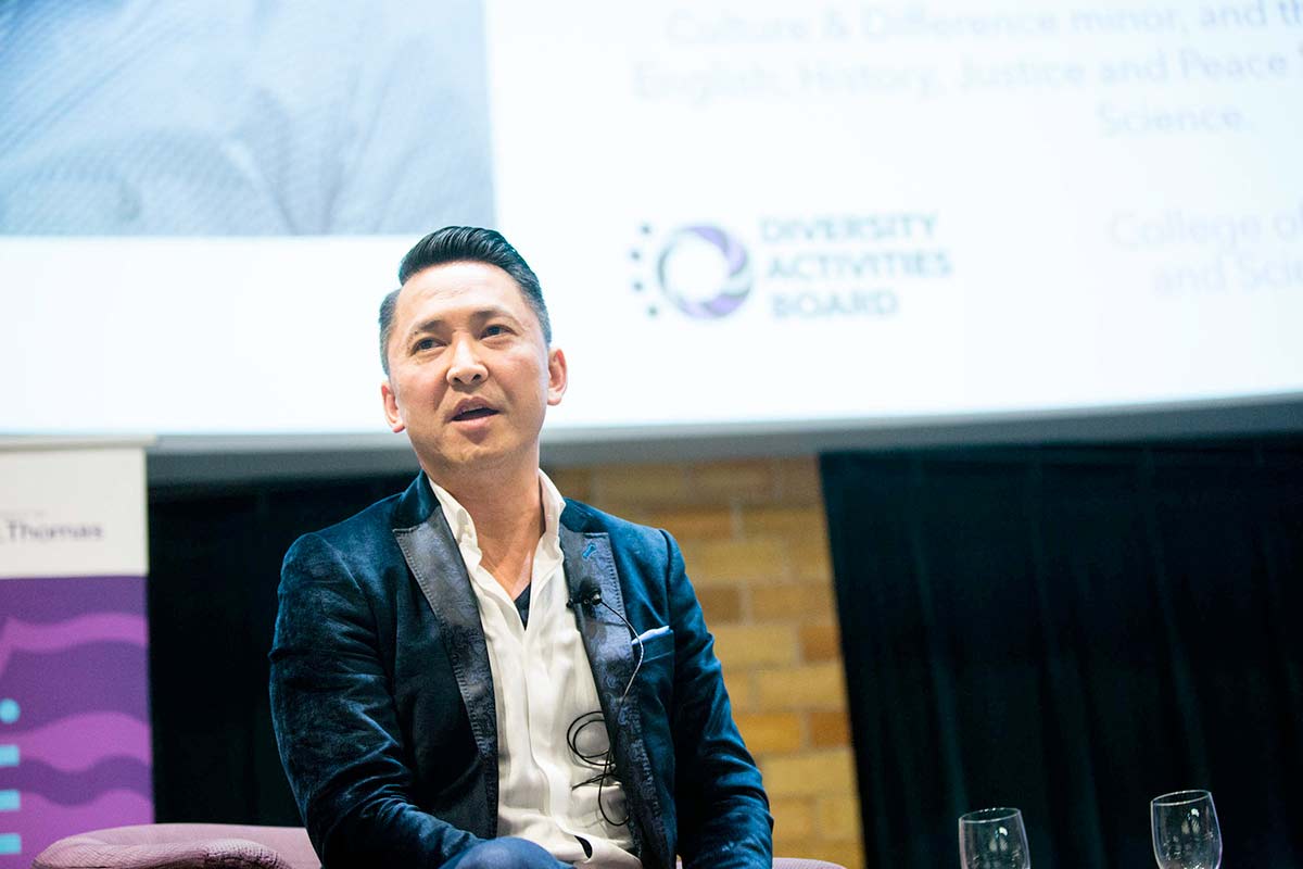 Viet Thanh Ngueyn, author, speaks during the Viet Thanh Ngueyn Lecture and Book Signing in O'Shaughnessy Educational Center Auditorium on Tuesday, November 14, 2017. 
