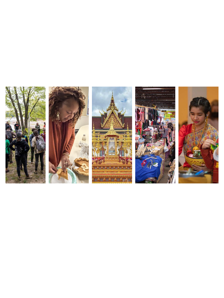 Five images from various sites: Bdote, Sweet Potato Comfort Pie, Watt Munisotaram, Hmongtown Marketplace, Watt Munisotaram