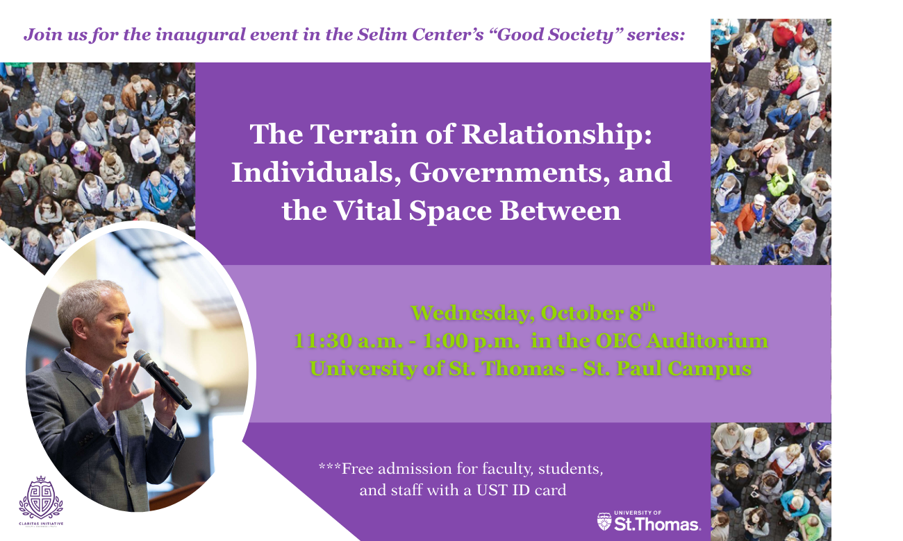 Poster showing President Vischer speaking and society of people image in the background.