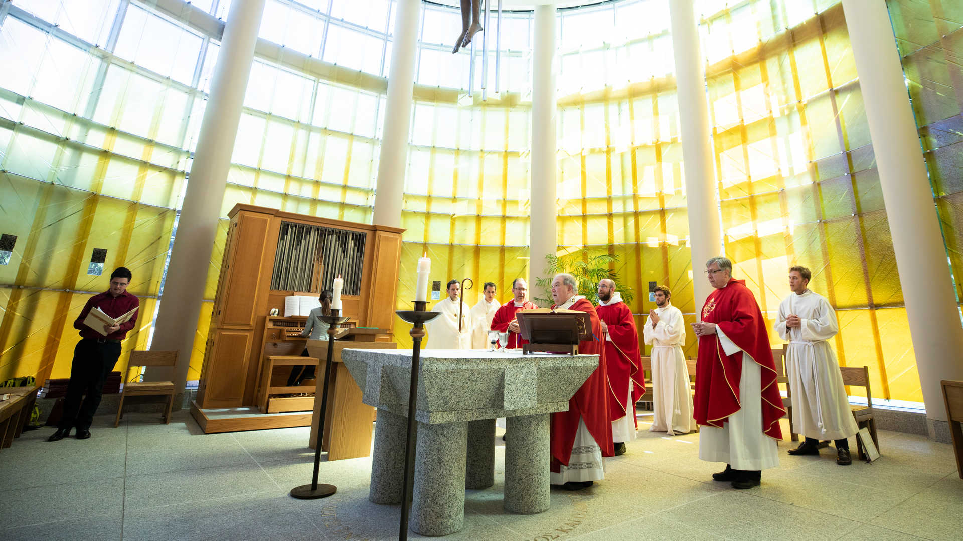 Archbishop Bernard Hebda officiates opening mass in the St. Thomas More chapel
