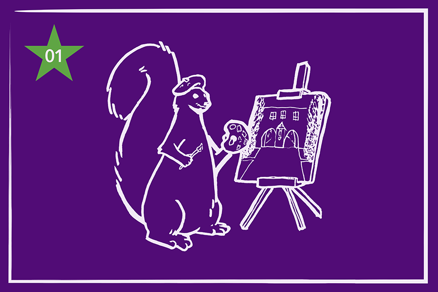 Illustration of a squirrel painting a canvas easel of the St. Thomas arches