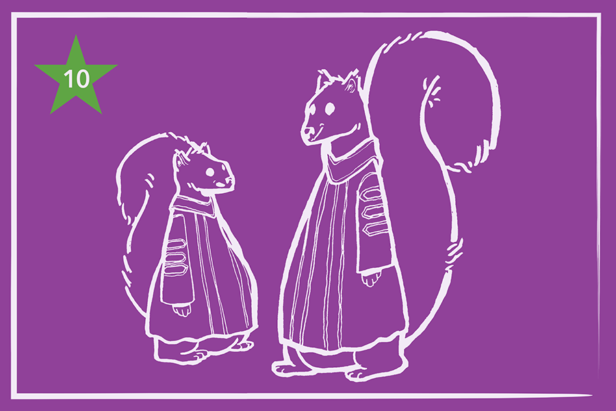 Illustration of two squirrels wearing graduation gowns