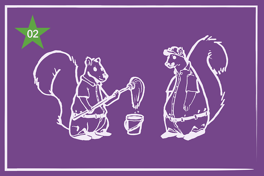 Illustration of two squirrels in uniform holding a mop and a bucket