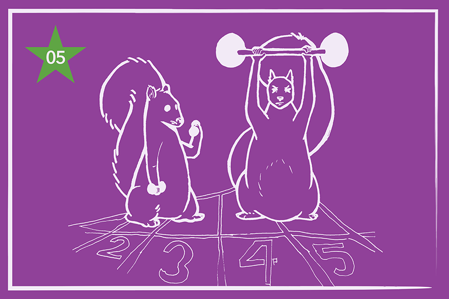 Illustration of two squirrels lifting weights