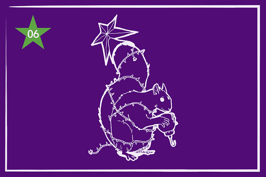 Illustration of a squirrel holding a christmas ornament and tangled up in lights