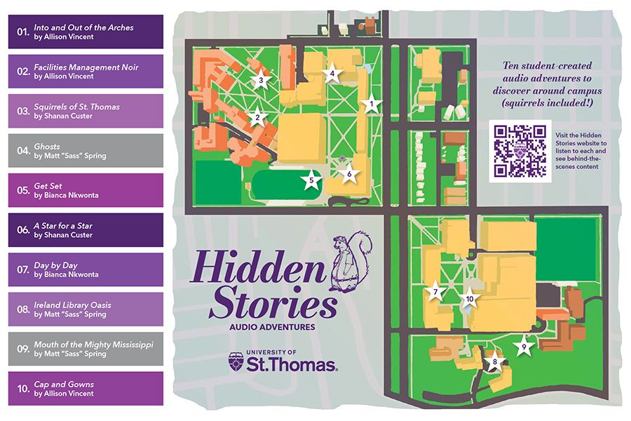 Illustrated map of the St. Paul campus showing where to find all 10 Hidden Stories
