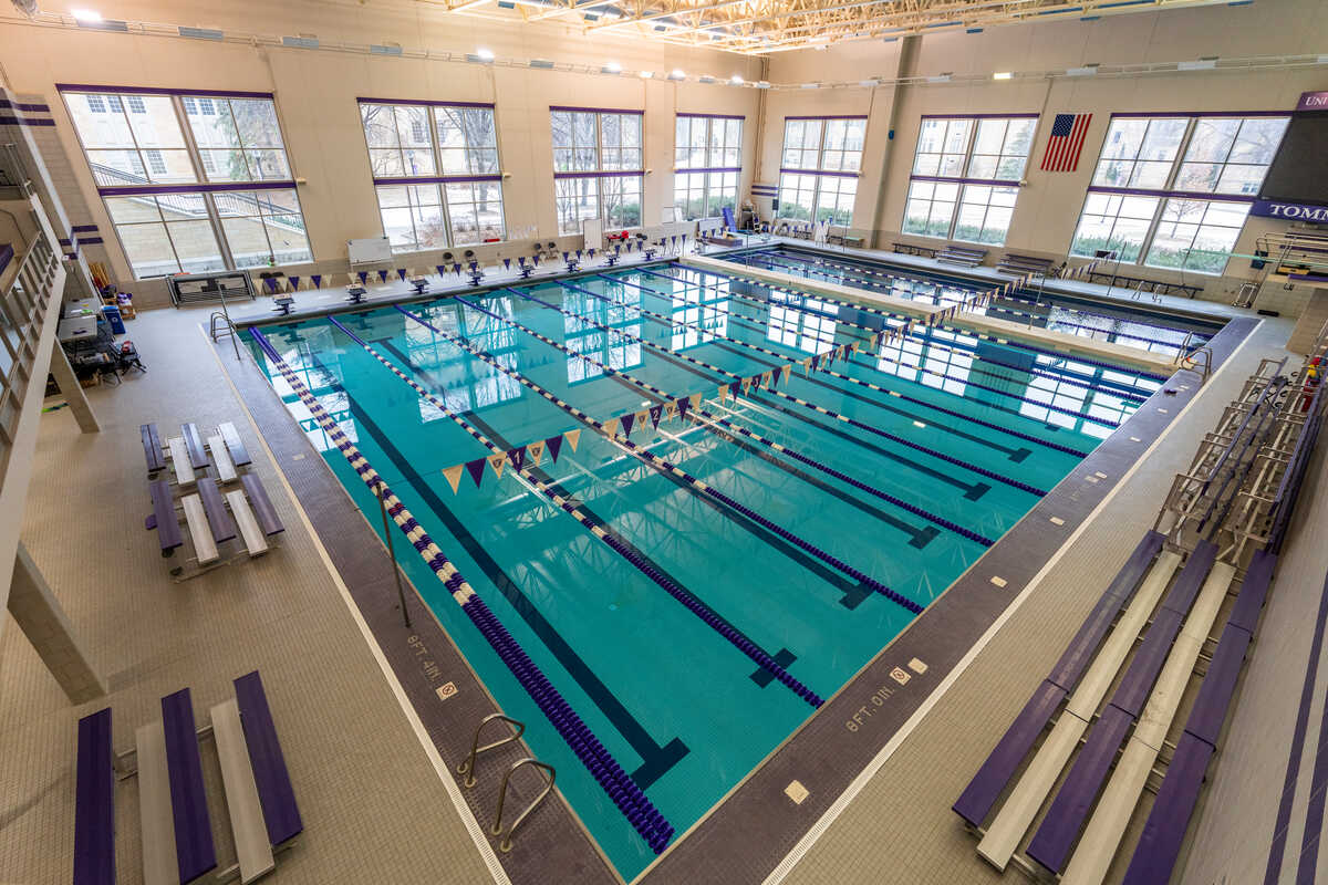 overhead view of the 8-lane indoor swimming pool