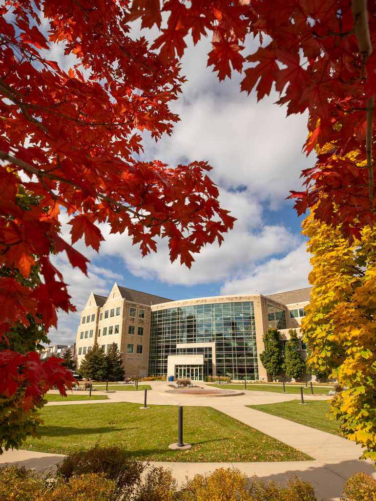 exterior of school of law framed by red leaves