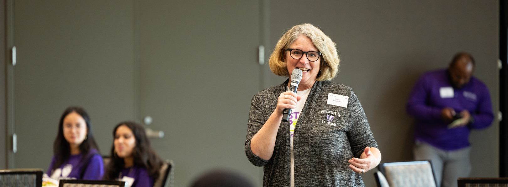 Linda Baughman speaks to students