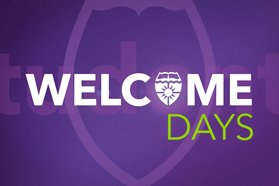 Welcome back text on purple background