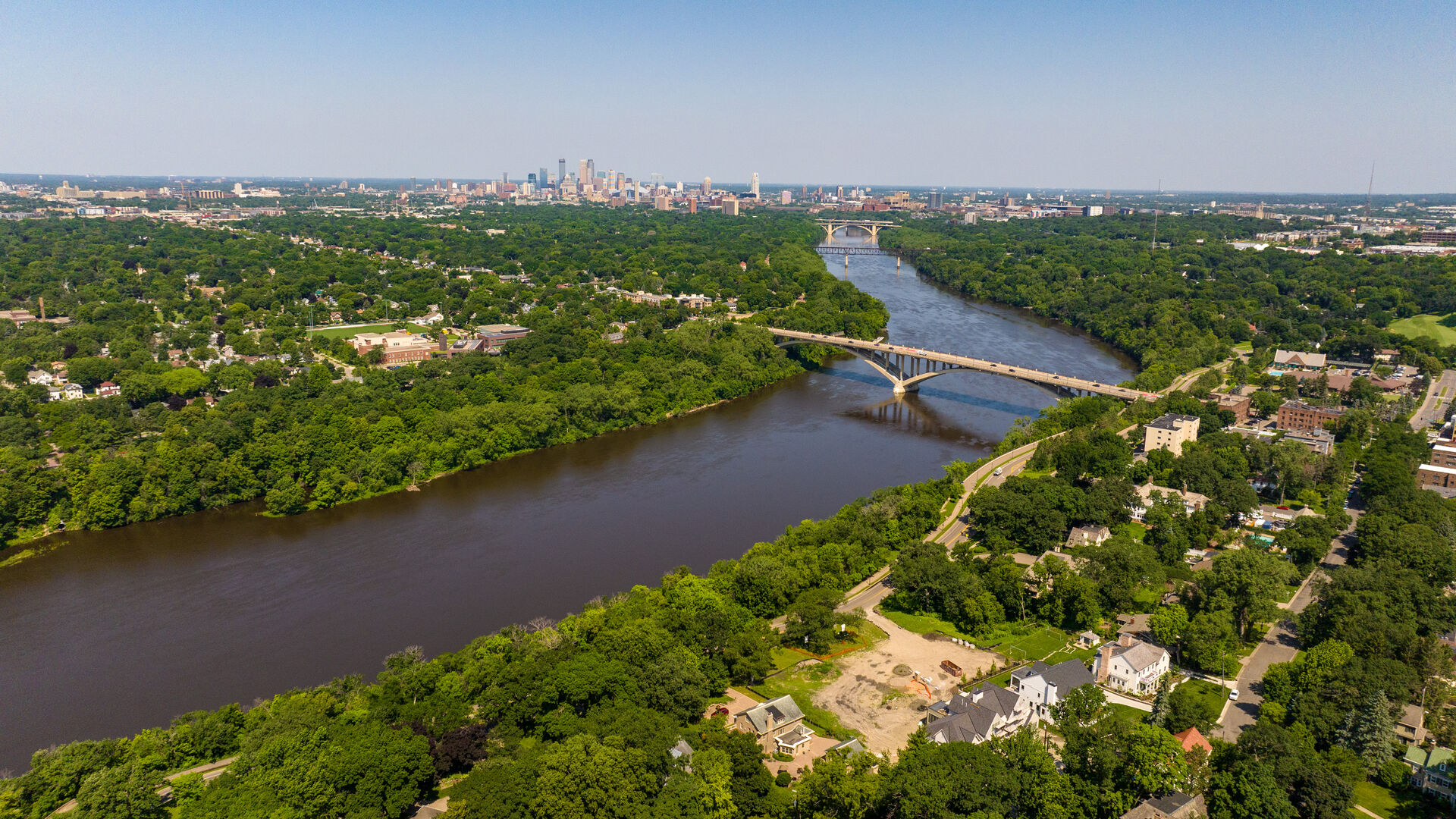 Aerial photo of both campuses and the river
