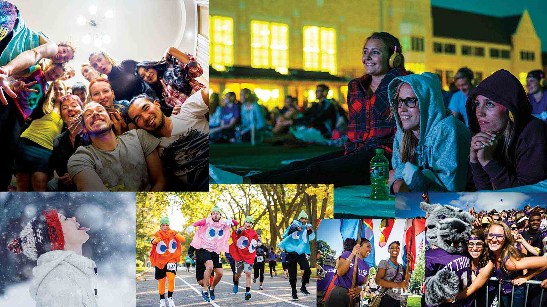Student life collage featuring football games, movies nights and other student activities