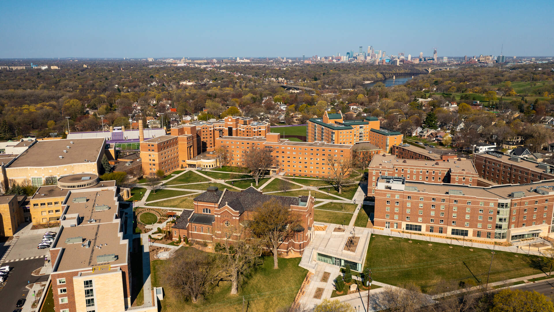 aerial view of residence hall buildings