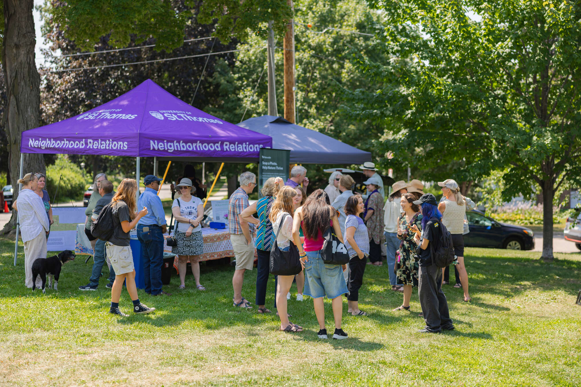 a group of people standing and talking in the pollinator garden