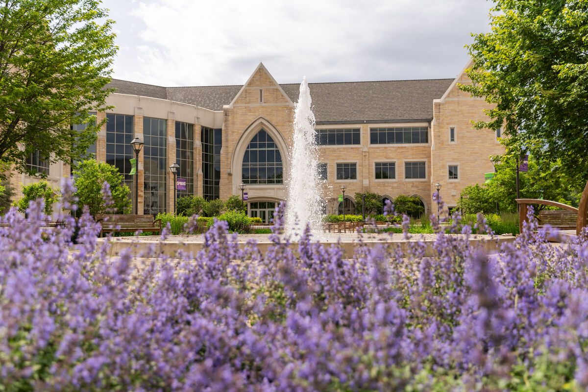 Flowers and fountain in front of ASC