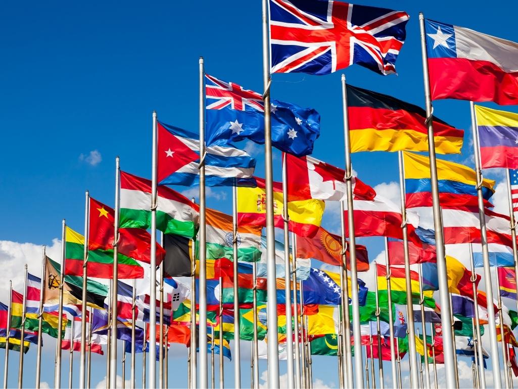 Flags of many countries under the wind